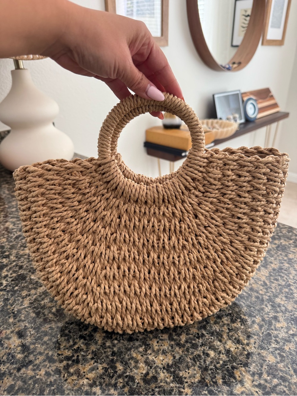 Boho Handwoven Round-Handle Straw Tote in Natural Tan